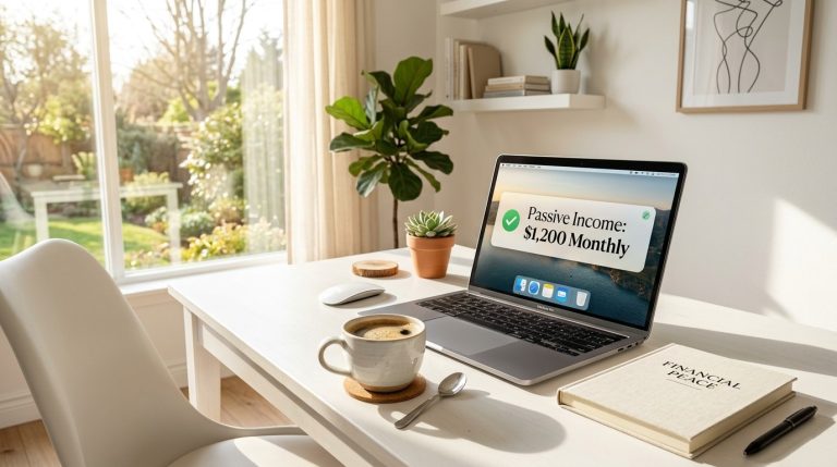 A bright and minimalist home office environment featuring a laptop display on a clean desk, illuminated by soft natural lighting for a modern workspace aesthetic.