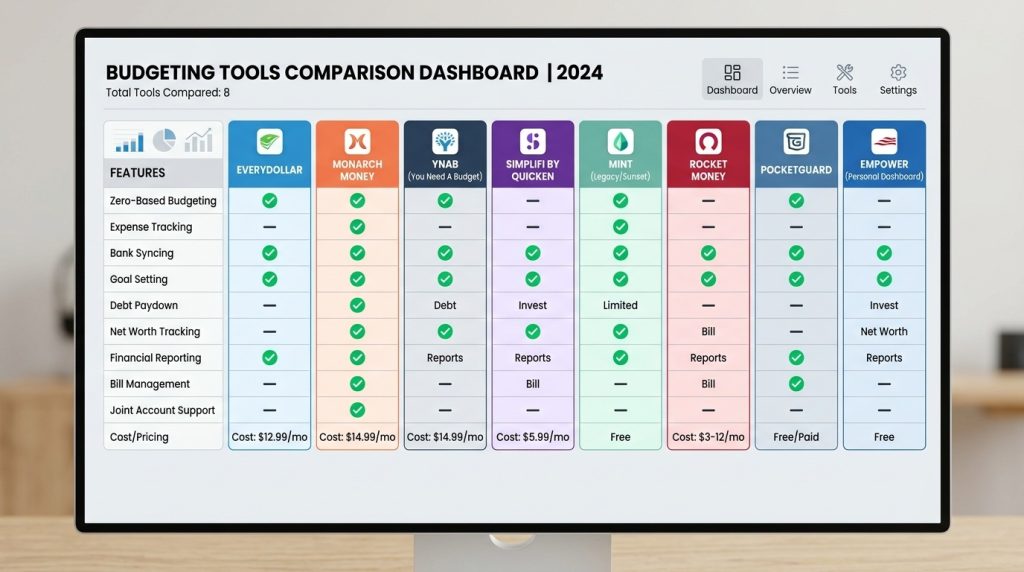 A digital dashboard interface displaying eight different budget sections for tracking various financial goals and data.