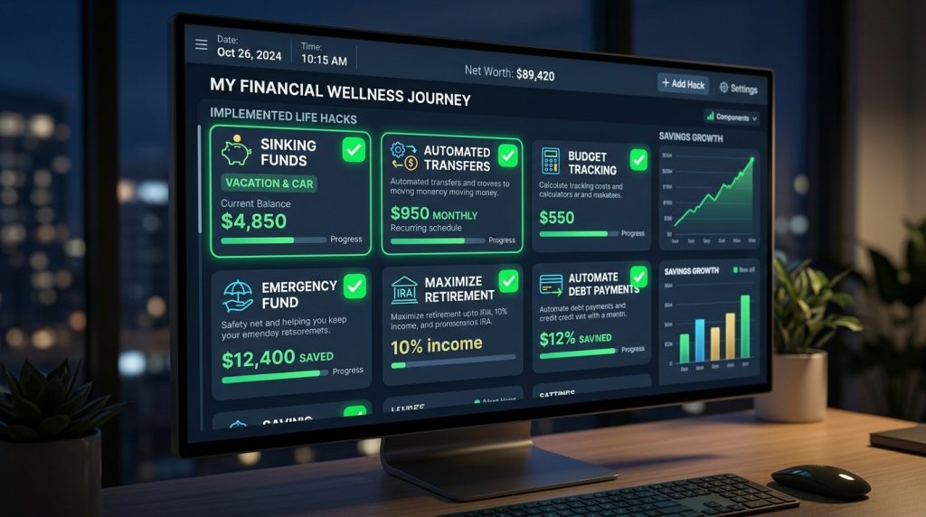 A digital dashboard showing various financial life statistics, metrics, and data visualizations on a screen display.