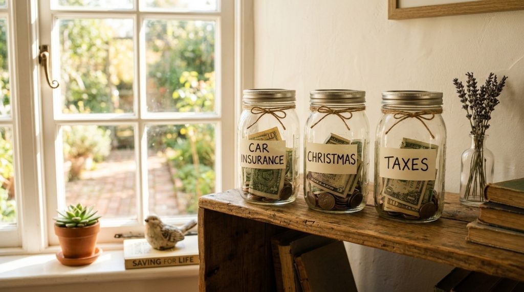 A series of clear glass jars are positioned on a shelf, with labels clearly visible on each of the jars.