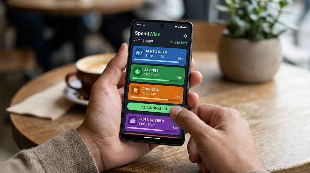A smartphone screen displaying a modern budgeting application interface with clean financial data and tracking.