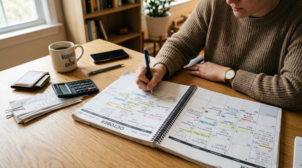 A detailed visual representation of a calendar used for financial budgeting and planning expenses effectively throughout the month.