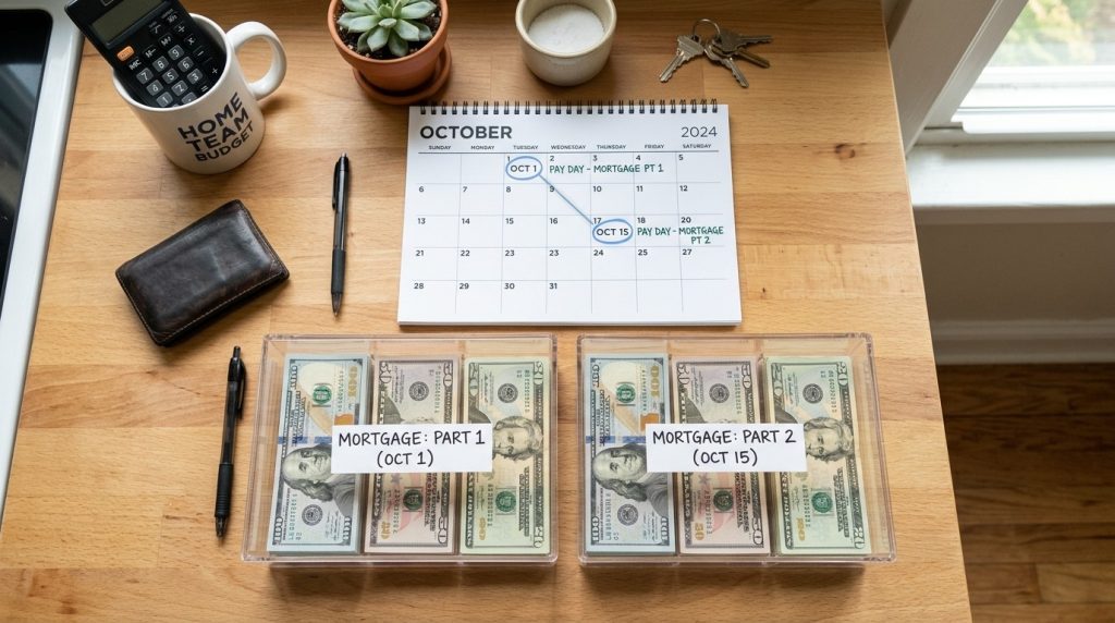A collection of cash trays organized and spread out across a clean kitchen counter for money management or counting.
