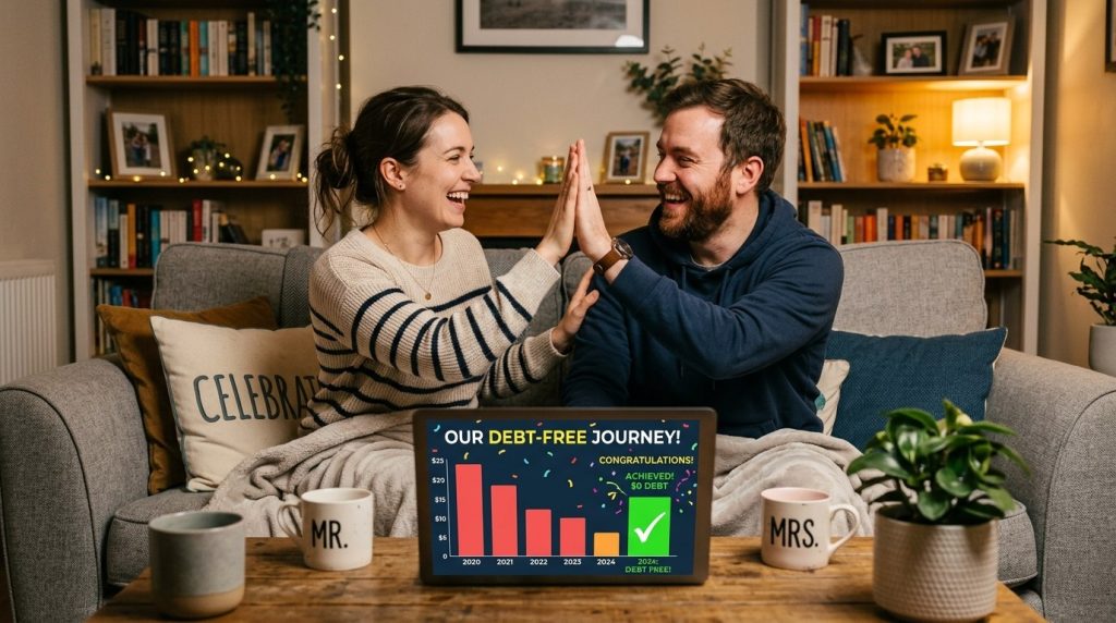 A photograph of a couple high-fiving each other while sitting together with an open laptop computer.