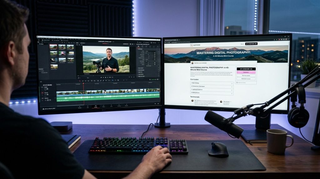 A professional dual monitor workstation optimized for video and photo editing tasks, showcasing a high-productivity environment for digital content creators.