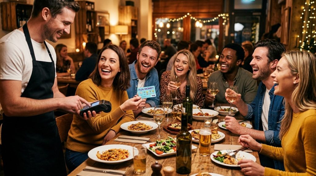 A group of friends laughing and sharing a happy moment while sitting together at a dinner table for a meal.