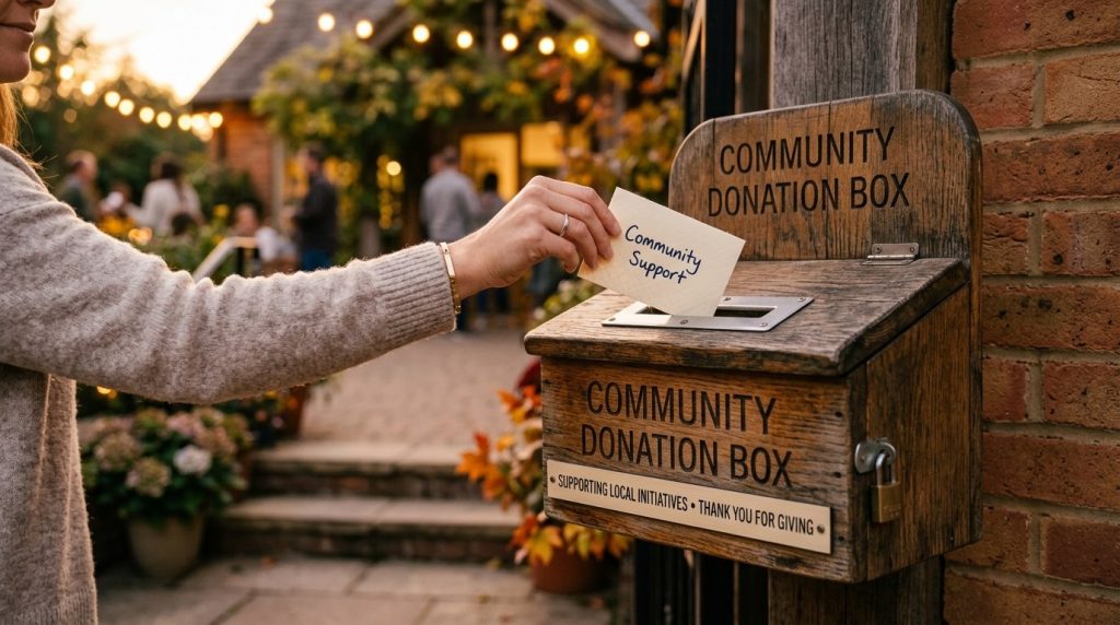 A close-up image showing a person's hand dropping a paper envelope into the small slot of a donation box.