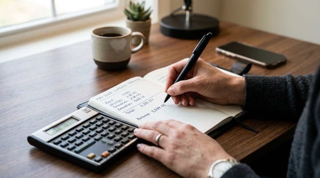 A detailed view showing hands using a calculator and holding a pen to perform various mathematical calculations.
