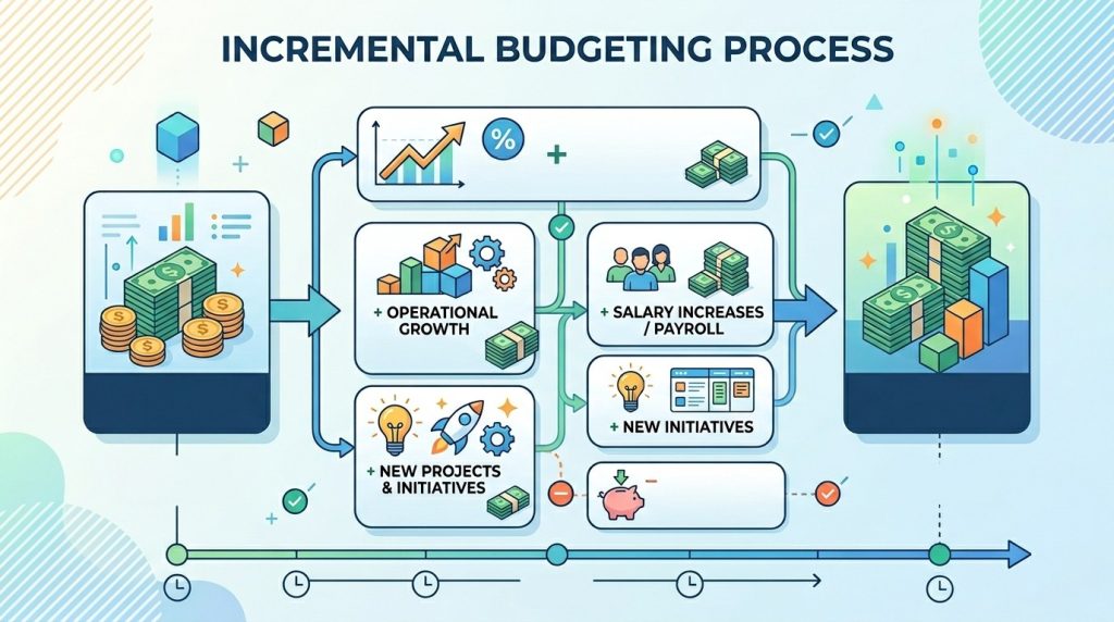 A conceptual graphic representing incremental budgeting, a method of financial planning where budgets are prepared by making slight adjustments to the previous period.