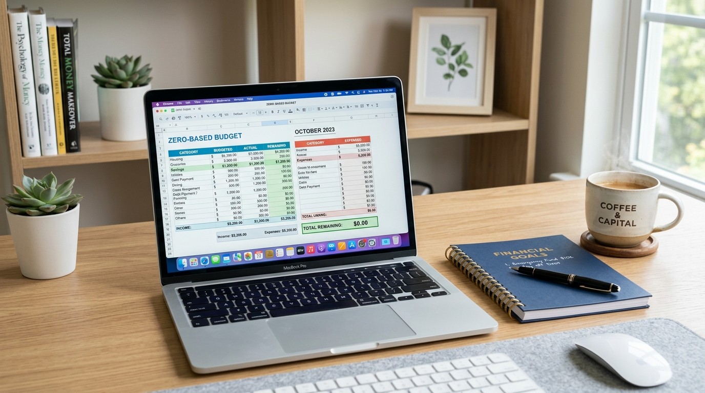 A laptop screen showing a detailed zero-based budget for financial planning.