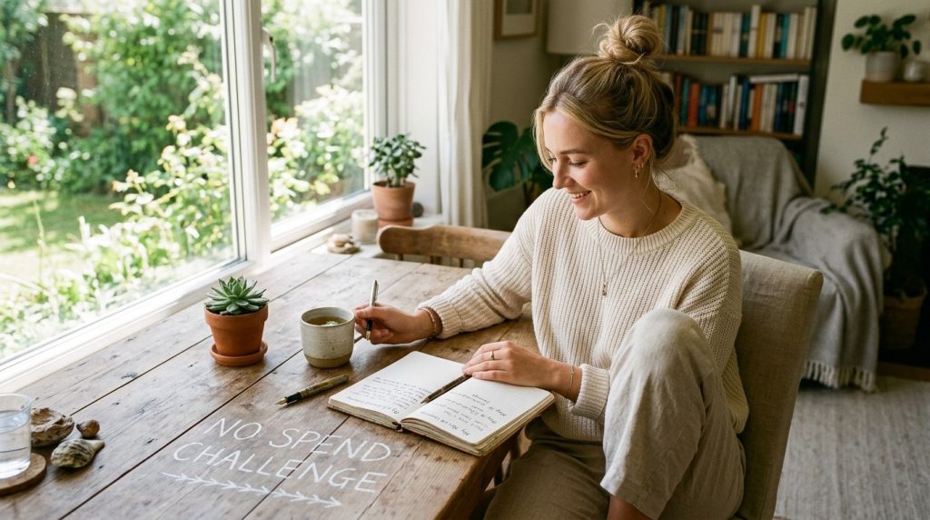 A high-quality lifestyle image depicting the essence of a no spend challenge, representing financial freedom and disciplined budgeting strategies for a better future.