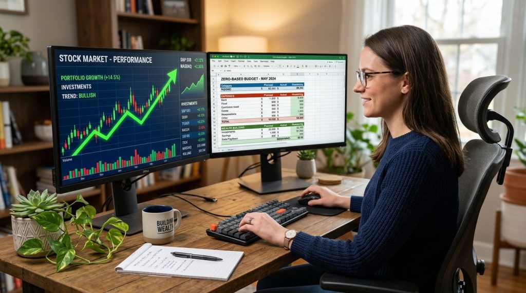 A person sitting at a desk with two computer monitors, providing an efficient and professional workspace setup.