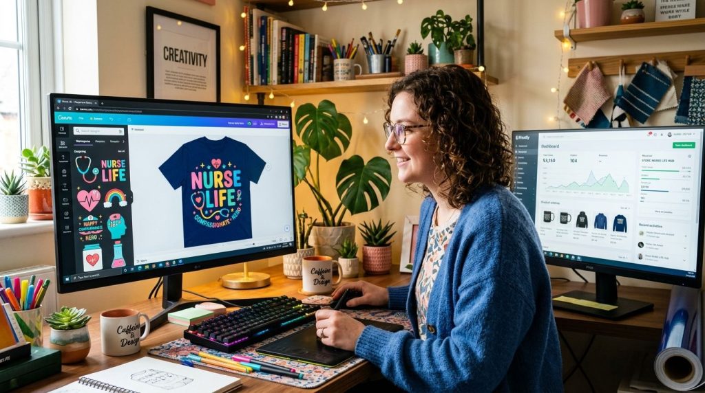 An individual is seen in the process of designing a nurse life themed t-shirt graphic, focusing on creative apparel for healthcare workers.