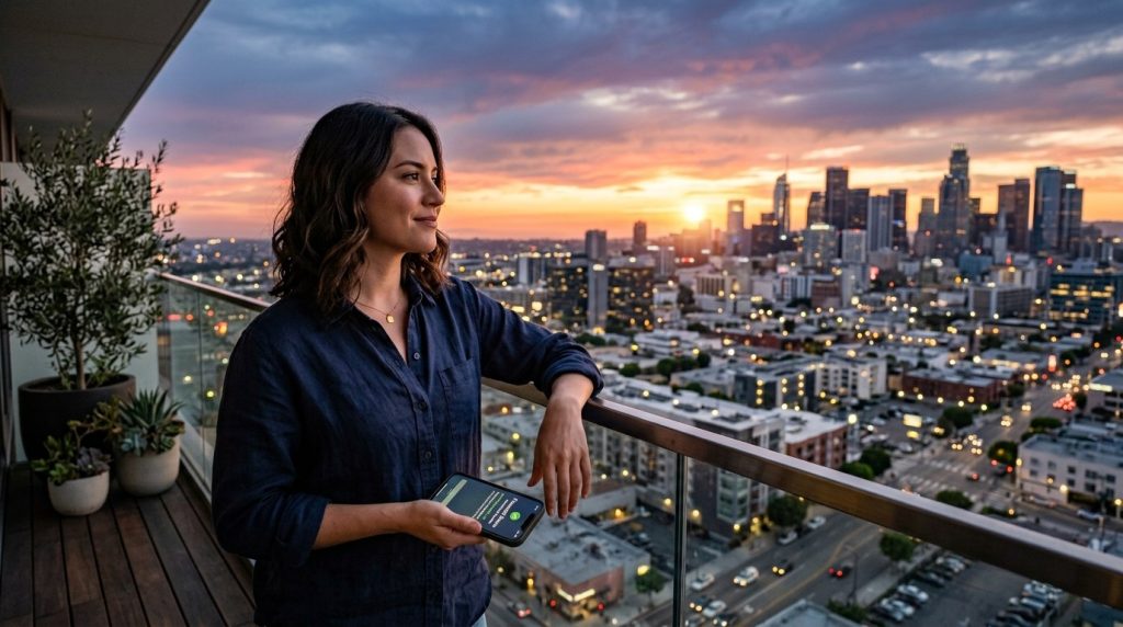 A person standing on a balcony while looking out at the vibrant and colorful glow of a sunset in the evening sky.