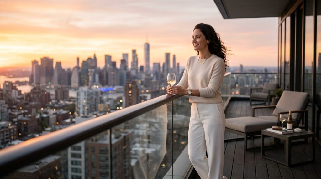 A peaceful scene of a person standing on a balcony, gazing at the vibrant orange and pink hues of a setting sun on the horizon.