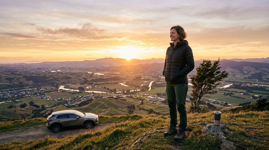 A person is standing on top of a hill during a sunrise, looking at the sun as it rises over the elevated ground.
