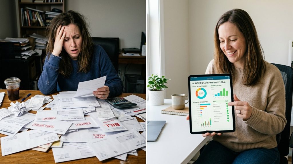 A person appearing stressed by bills, contrasted with them looking happy while managing an organized budget.