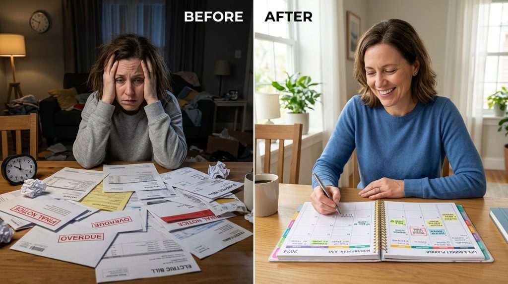 A person shown in a state of being stressed then calm as they use an organizational planner to manage their daily schedule.