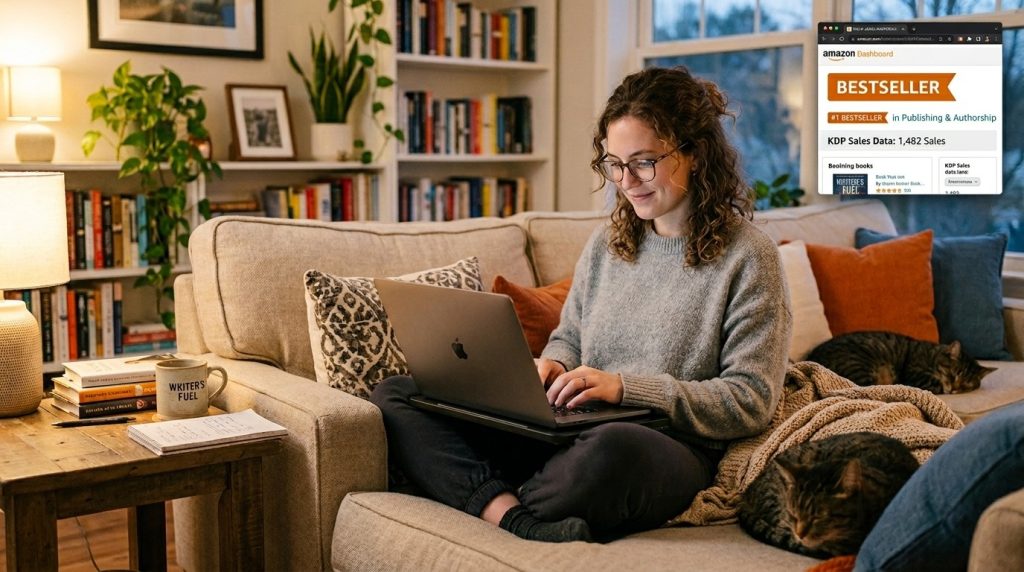 A detailed photograph of a person diligently writing an ebook on their laptop, capturing a moment of creativity and digital authorship.