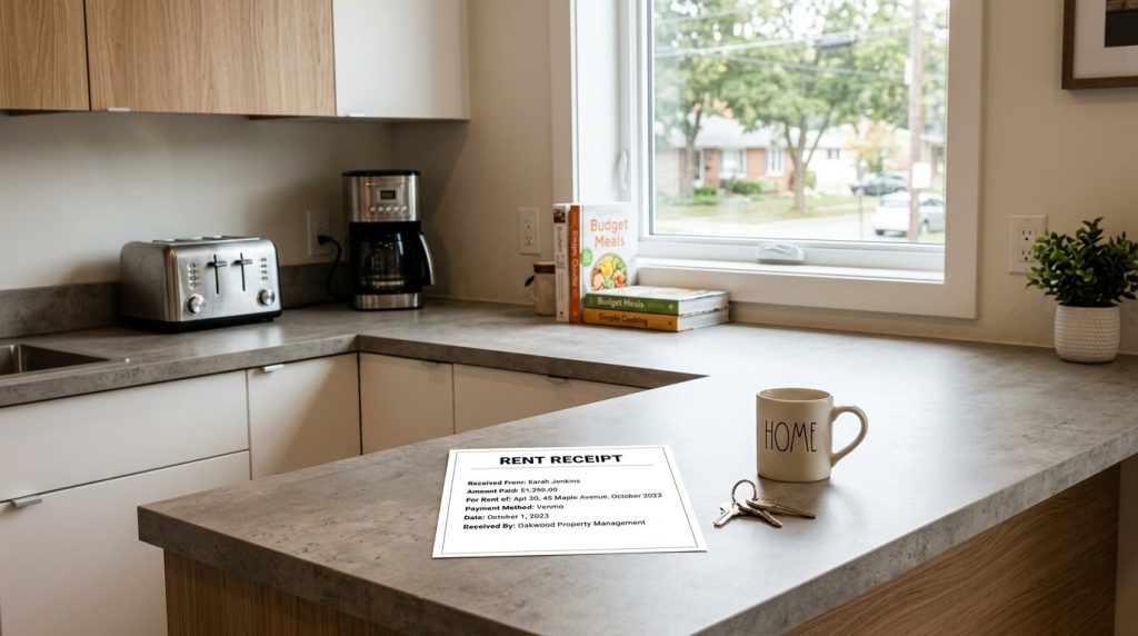 A detailed rent receipt document resting on the surface of a kitchen counter in a residential home setting.