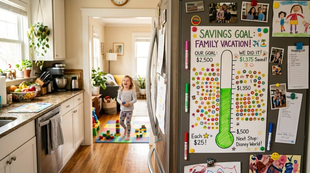 A savings goal chart used for tracking financial progress is displayed on the door of a refrigerator.