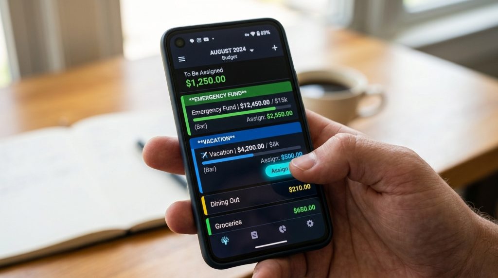 A smartphone screen showing the YNAB app, a personal budgeting tool for managing finances and tracking money.