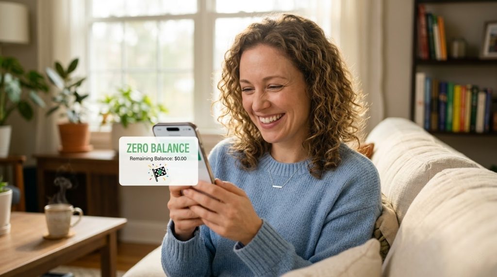 Happy woman on a couch looking at her smartphone showing a ZERO BALANCE and Remaining Balance $0.00 notification.