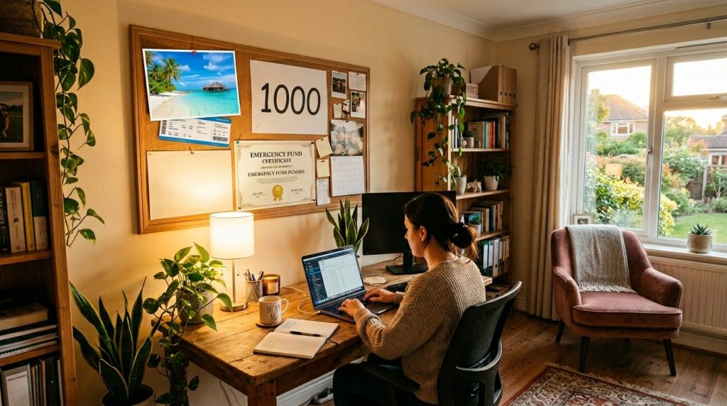 A comfortable and inviting home office space designed for productivity and relaxation featuring soft lighting and a tidy desk setup.
