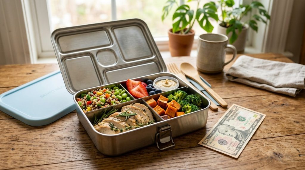 A delicious and well prepared Japanese bento lunch box featuring a variety of healthy food items arranged neatly in compartments.