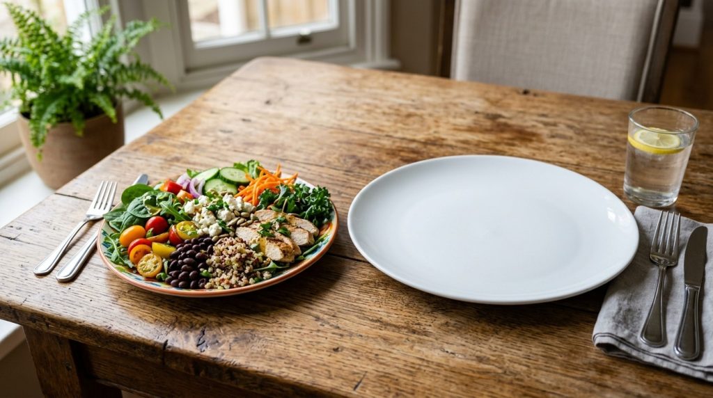 A fresh and vibrant salad plate featuring various healthy greens and vegetables presented beautifully on a dish for a nutritious meal.