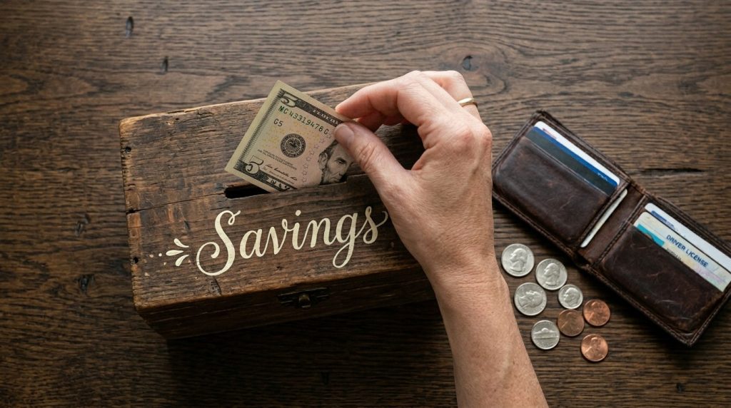 A close up view of a human hand carefully placing currency or money onto a surface to represent a financial transaction or personal savings.