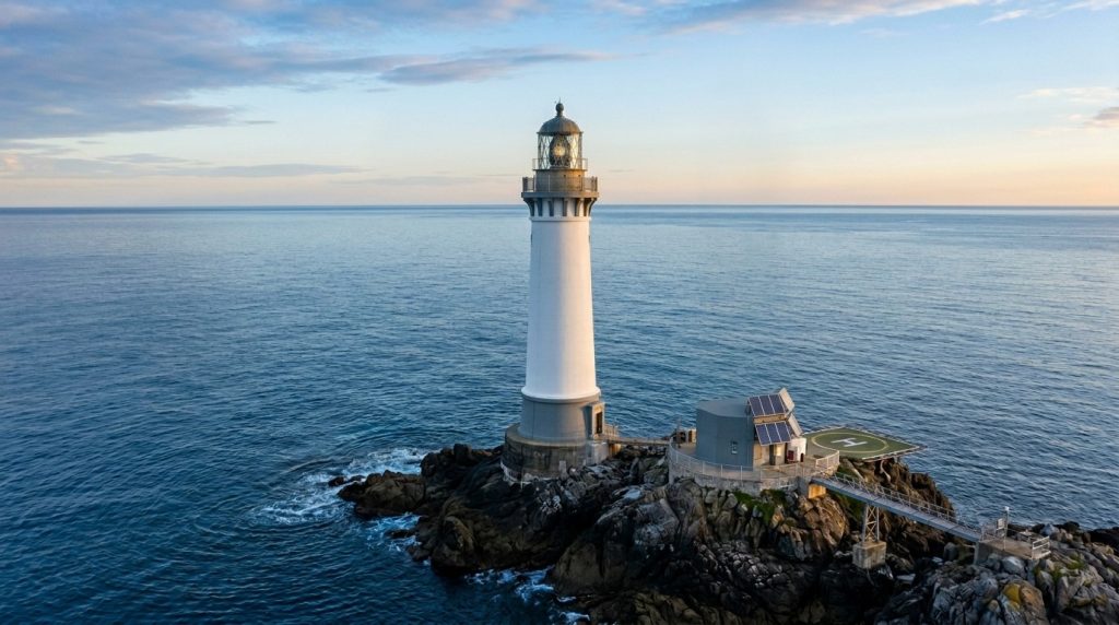 A majestic lighthouse standing tall against a vast ocean backdrop, symbolizing guidance and safety for maritime navigation under a clear sky.