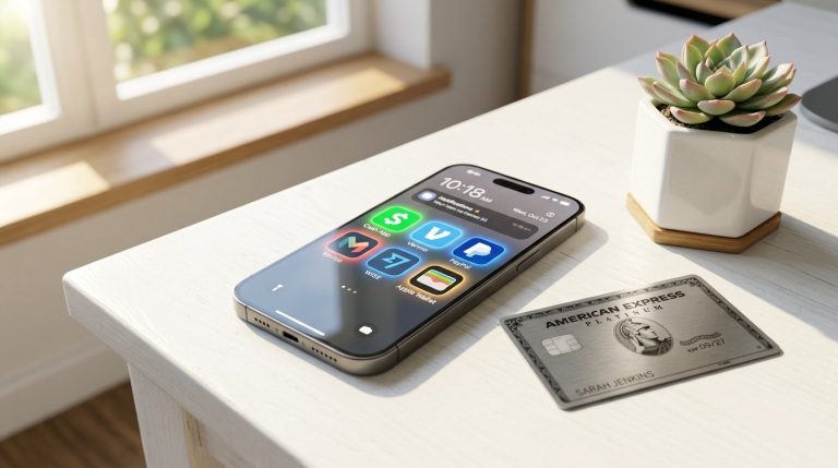 A modern smartphone lying flat on a clean desk surface in a well lit and organized office environment.