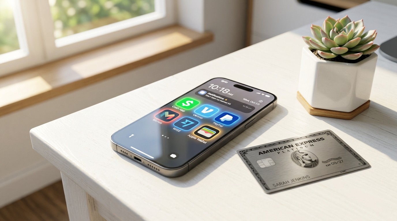 A modern smartphone lying flat on a clean desk surface in a well lit and organized office environment.