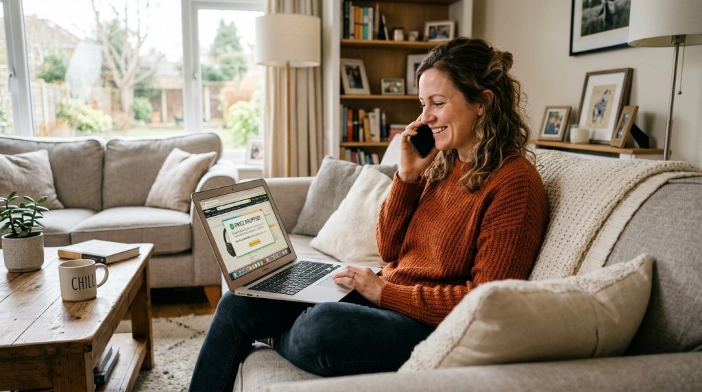A high quality image depicting a person sitting or lying down comfortably on a soft sofa in a home interior setting.