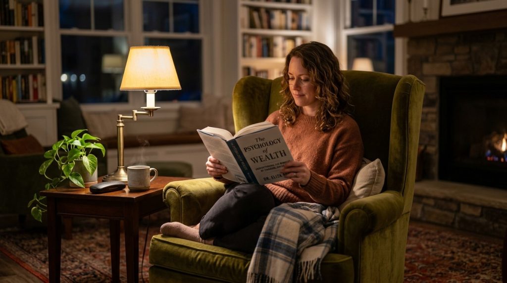 A photograph of a person sitting down and focused on reading the pages of a physical book in a peaceful environment.