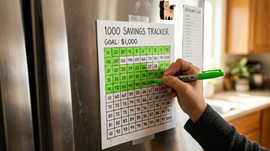 An organized personal savings tracker layout designed to help users monitor their financial goals and track monthly budget progress effectively.