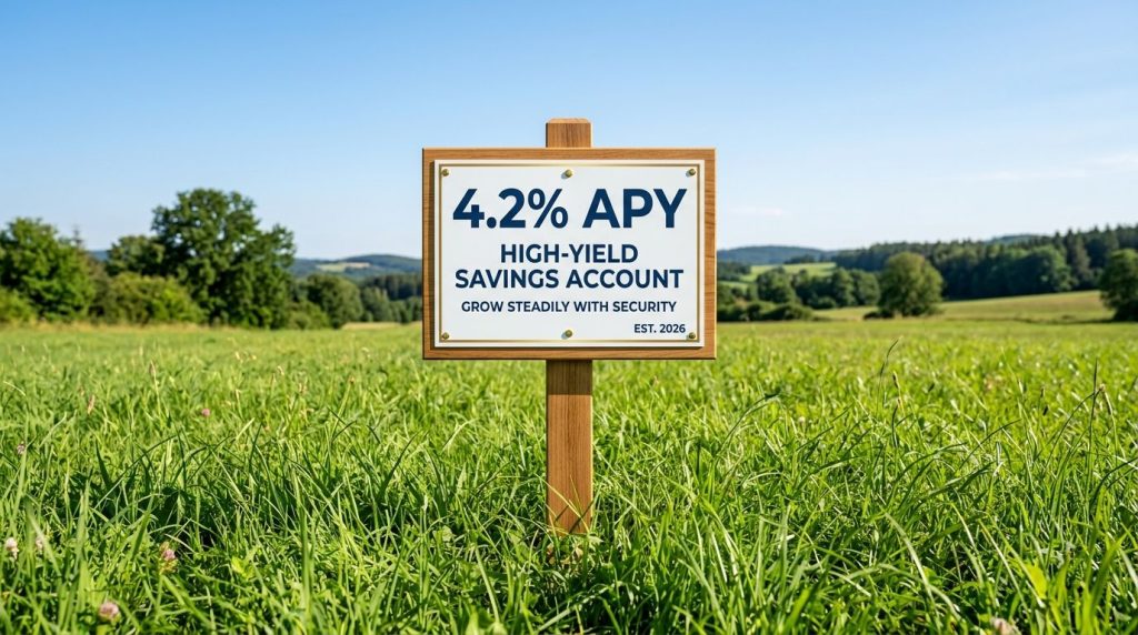 A promotional sign displaying a competitive four point two percent annual percentage yield for a bank savings account or investment opportunity.