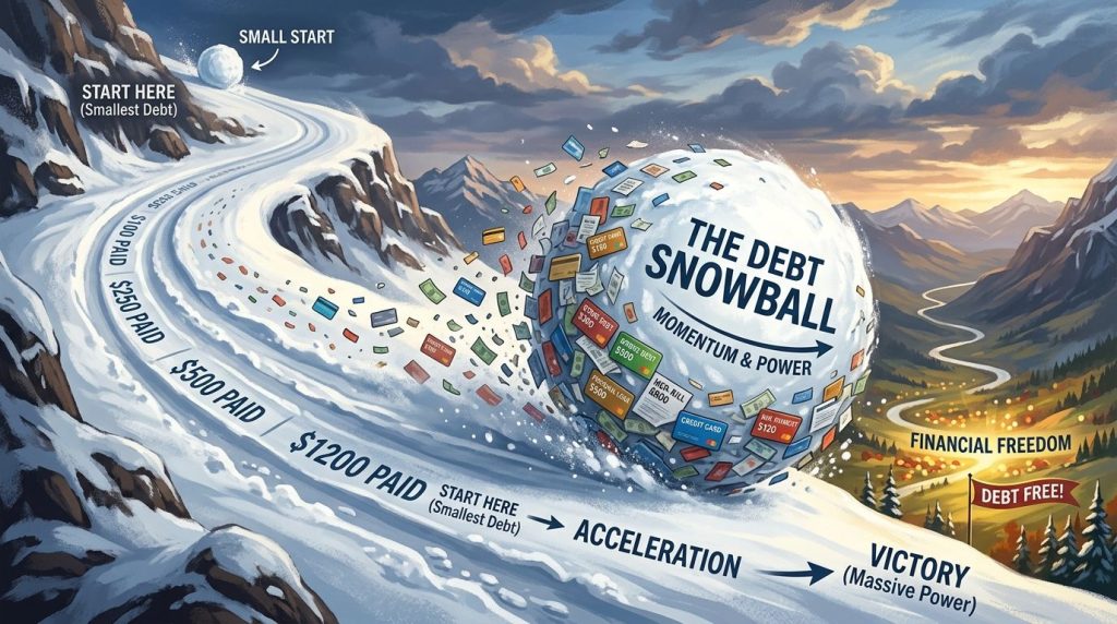 A visual representation of the debt snowball method illustrating a rolling snowball that grows larger as financial debts are systematically paid off over time.