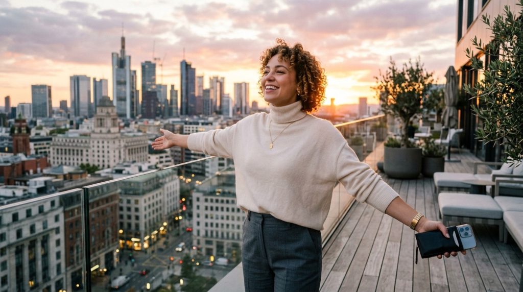A solitary person standing on an elevated platform or natural lookout point, capturing a moment of quiet reflection during a clear afternoon.