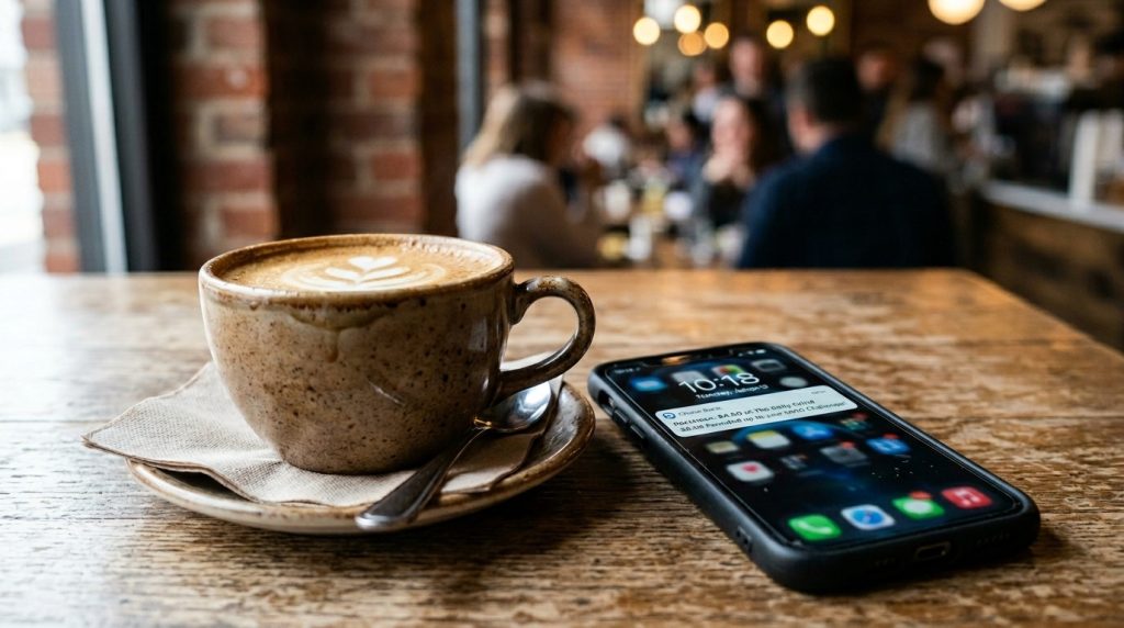 A steaming ceramic coffee cup resting on a rustic wooden table in a cozy and brightly lit room during a peaceful morning.