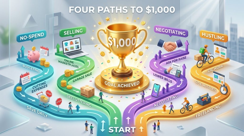 A conceptual depiction of four distinct paths or trails diverging or converging, symbolizing the various choices and directions one might take in a personal or professional journey.

