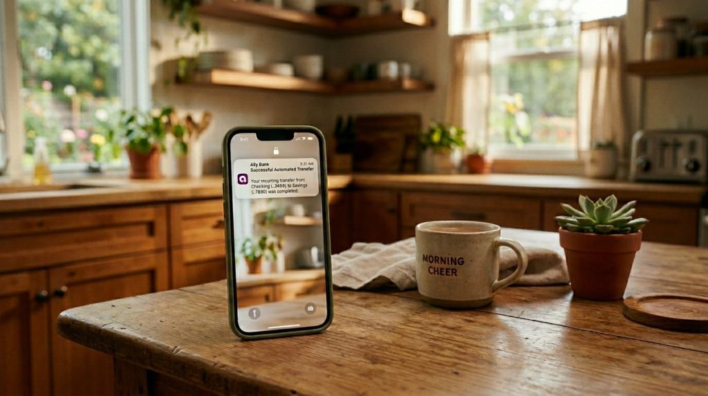 A detailed representation of the Ally Bank mobile application user interface showing various personal banking features and digital financial services.