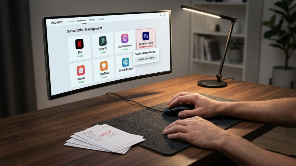 A person clicks "Confirm Cancellation" on a monitor displaying a subscription management page.