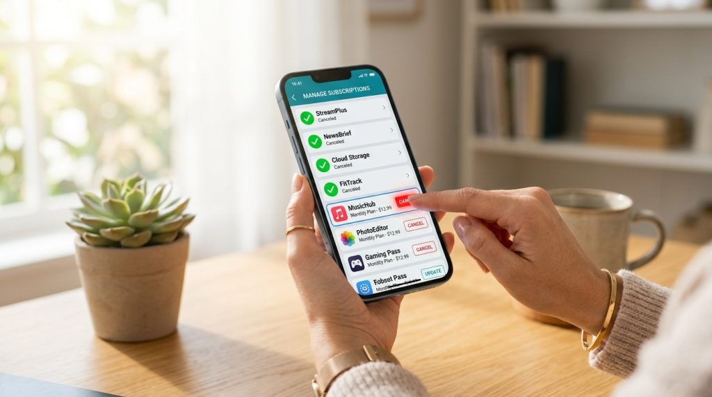Hands hold a phone displaying a subscription manager; a finger taps a red cancel button for a music service app.