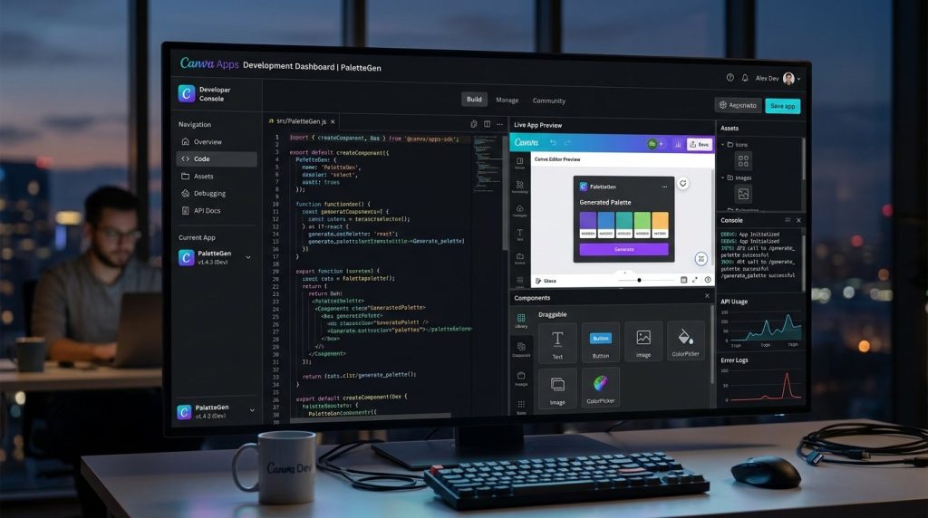A digital dashboard showing progress and analytics for Canva apps development projects.