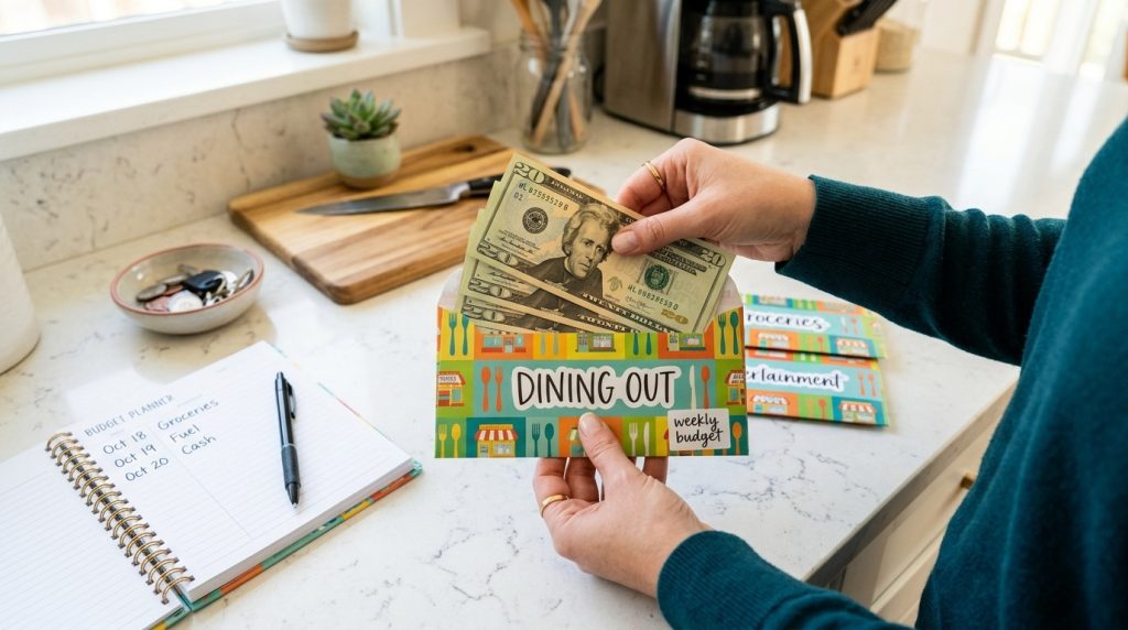A person placing twenty-dollar bills into a colorful 'Dining Out' envelope, part of a cash-based budgeting system.