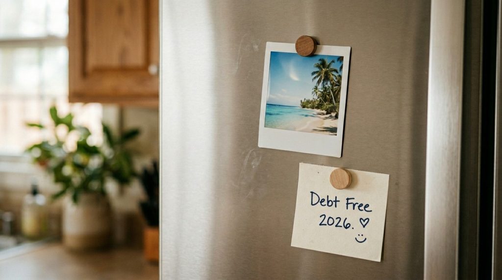 A close up view of a domestic refrigerator door featuring various items such as magnets and notes attached to the surface.