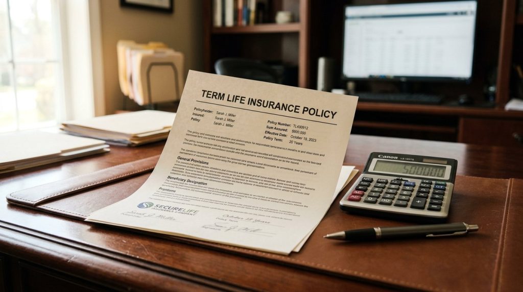 A detailed close-up shot of a term life insurance policy document on a desk.