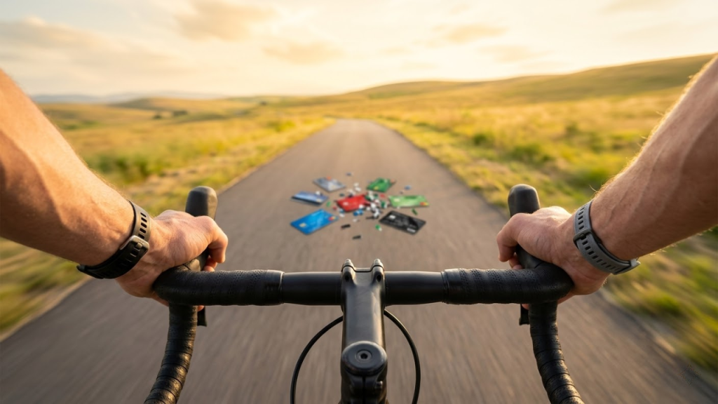 First-person view of a cyclist on a road with credit cards scattered ahead at sunset.
